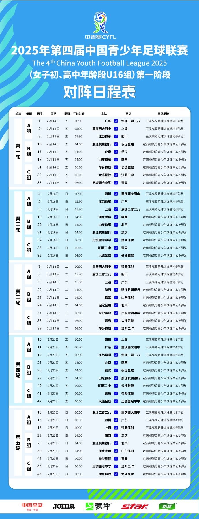  中國青少年足球聯(lián)賽（女子初高中年齡段U16組）第一階段競賽日程