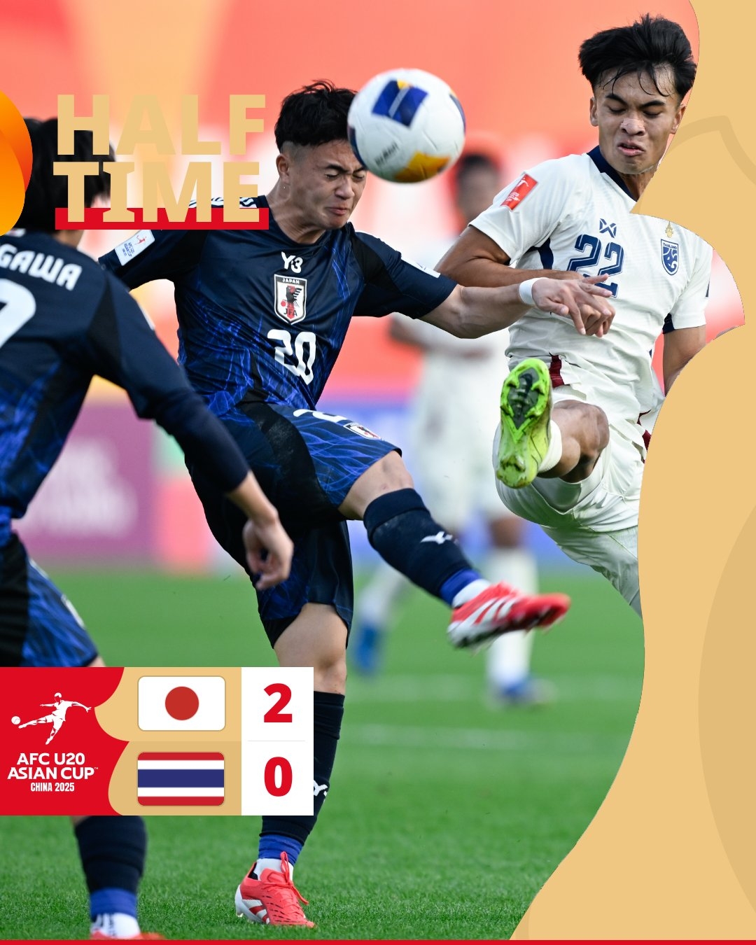  半場-日本U20 2-0領先泰國U20，石井久繼破門+中柱 泰國0射正