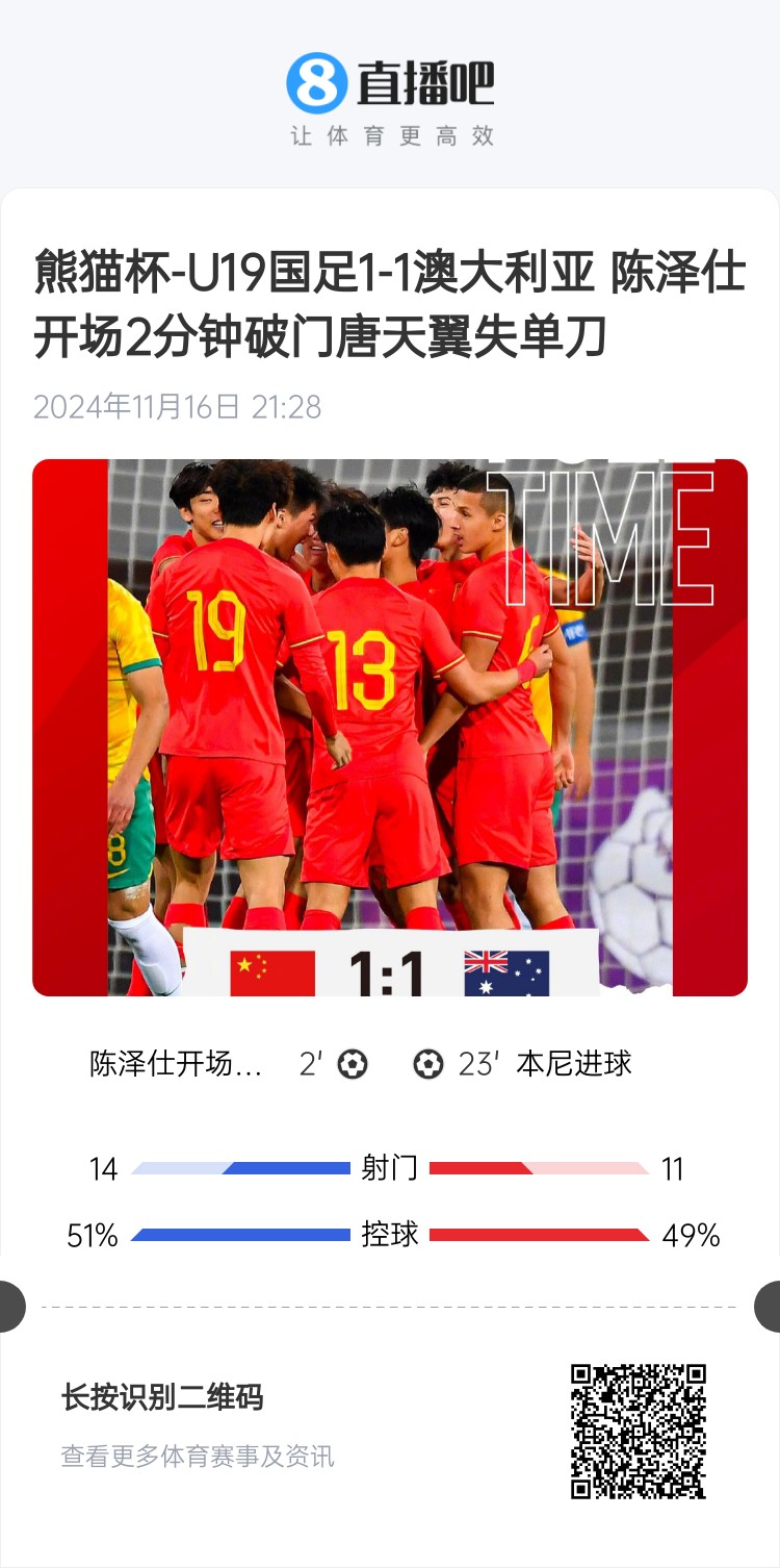  二番戰(zhàn)！U20國(guó)青與澳大利亞去年熊貓杯剛有過交手，雙方1-1戰(zhàn)平