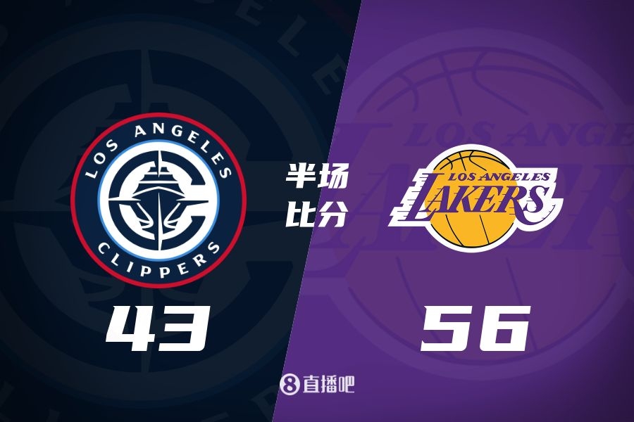  東契奇12分VS小卡15分 快船7分半得分荒 湖人半場56-43領先