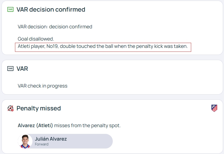  官方明確！歐冠官網：阿爾瓦雷斯罰點時2次觸球，VAR決定進球無效